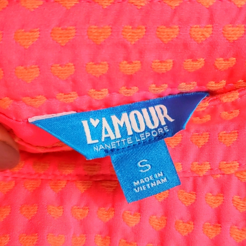 L'Amour by Nanette Lepore | Flirty Neon Pink Heart Print Structured Skater Skirt - Picture 2 of 8